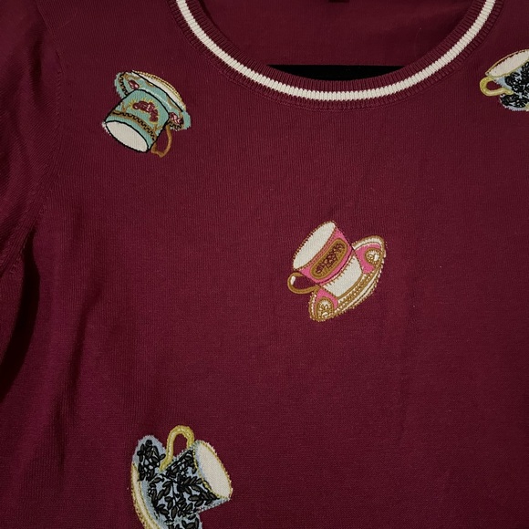 Talbots Burgundy Crew Neck Sweater Embroidered Teacup, Long Sleeve Sz Mp - Picture 5 of 8